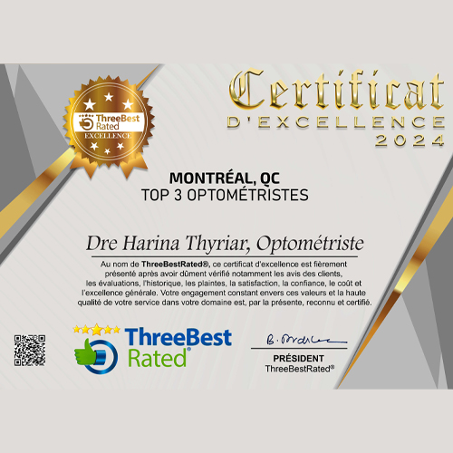 Certificate of Excellence 2024 from Three Best Rated for top optometrists in Montreal.