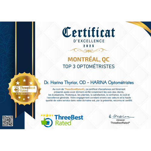 Dr. Harina Thyriar receives Certificate of Excellence 2025 from Three Best Rated for being a top optometrist in Montreal.