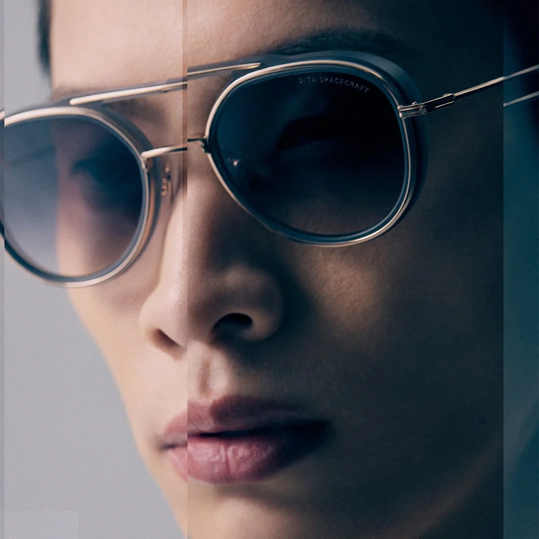 A model showcases the futuristic design of DITA SPACECRAFT sunglasses, available at HARINA Optométristes.